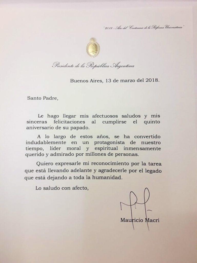 Carta de Macri al Papa