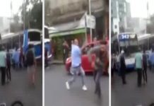 VIDEO: un colectivero se agarró a trompadas con un ciclista en Ciudadela Un video grabado por un testigo muestra la pelea, a la que se sumó otro chofer. Nadie intervino para separarlos.