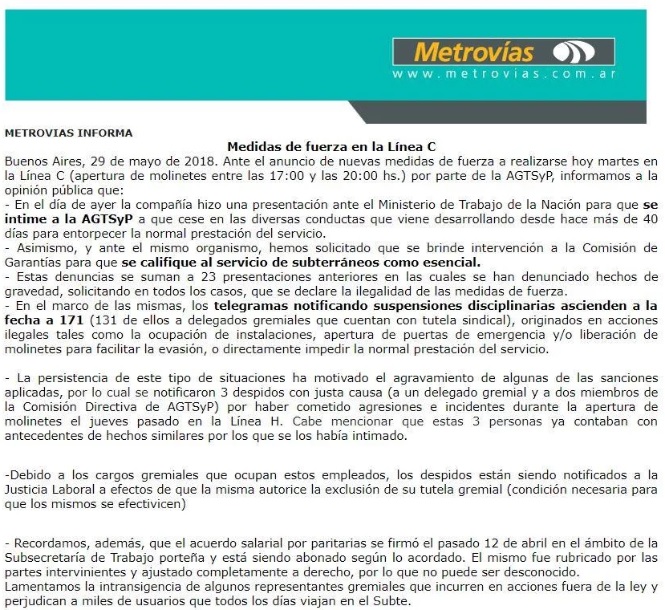 Metrovías anunció despidos y suspensiones mientras metrodelegados liberaban molinetes