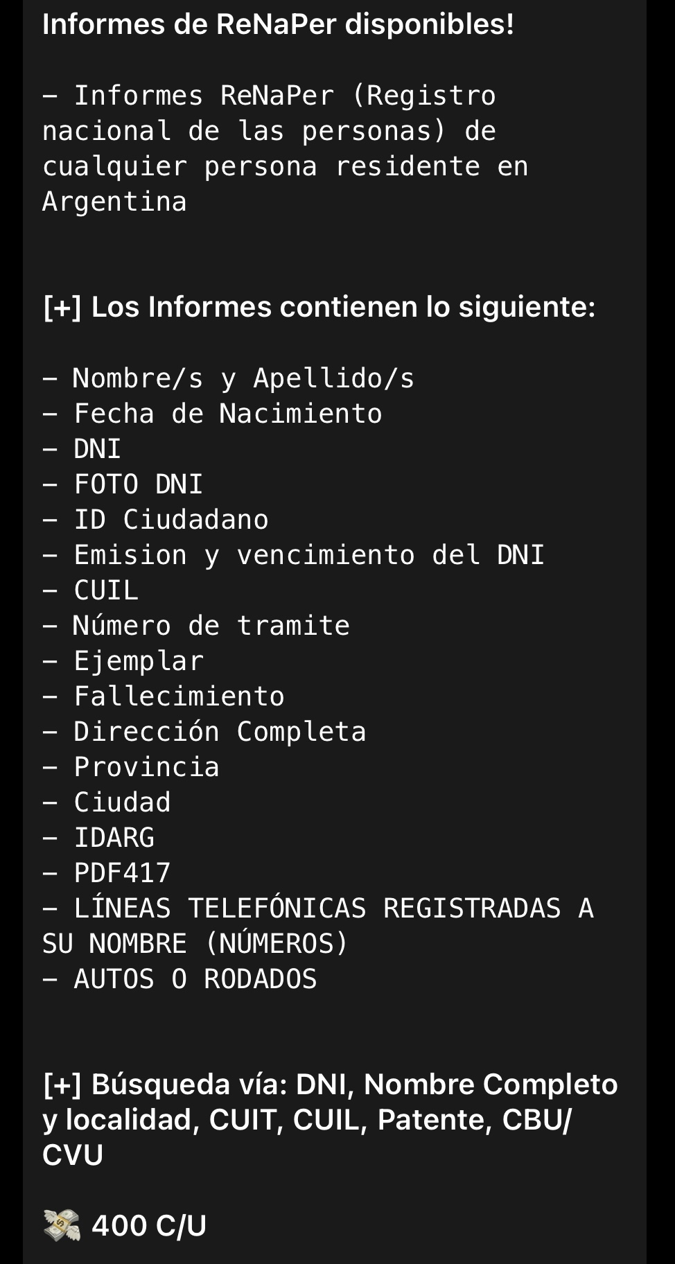 venta de datos renaper en telegram